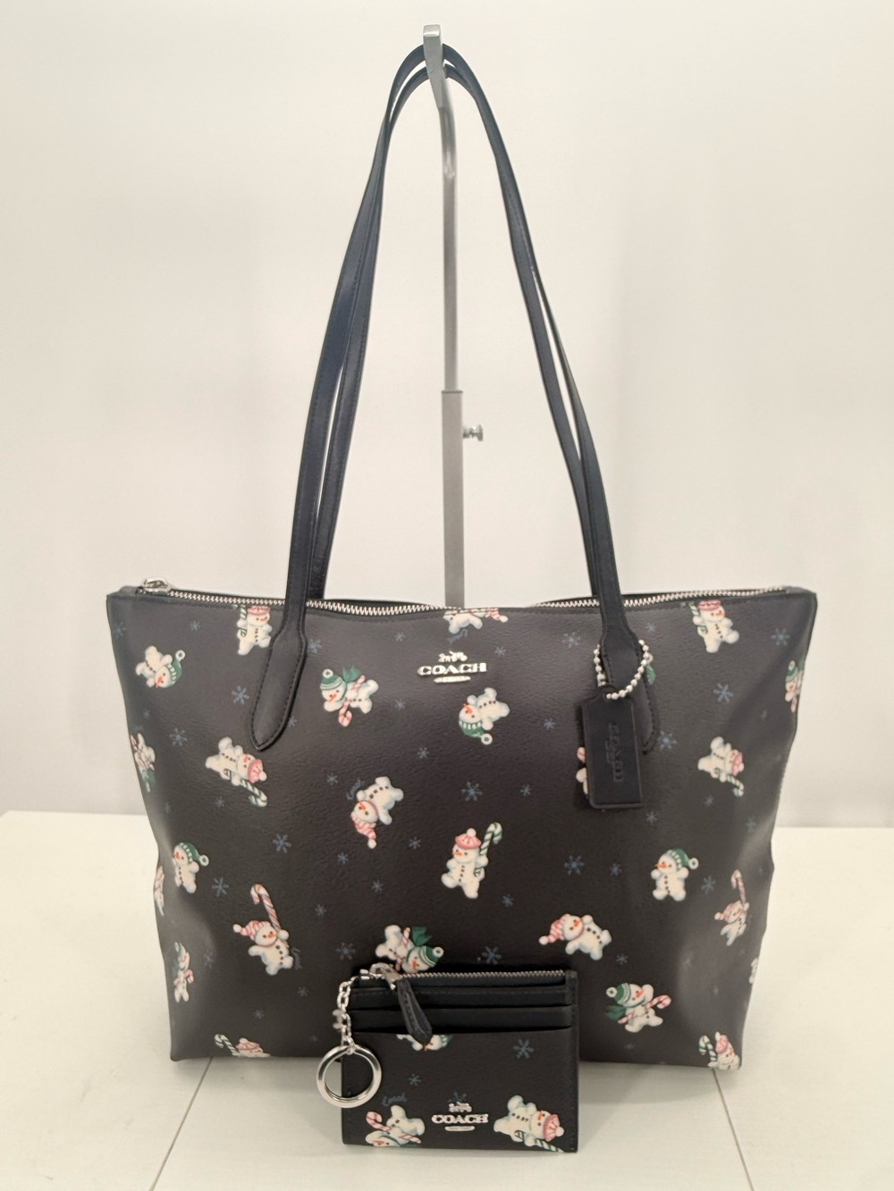 COACH Gallery Snowman Christmas Zip Top Tote & ID Card Case Midnight Navy